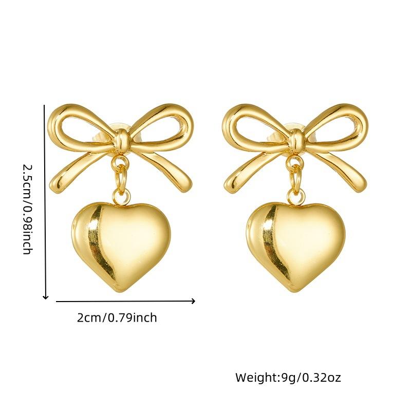 Bow Heart Drop Earrings For Women Gold Plated Stainless Steel Cute Fashion Jewelry