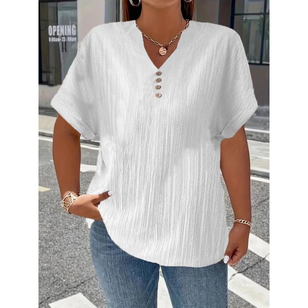 Spring and Summer Women's Fashion Casual Solid Color Button V-neck T-shirt for Women