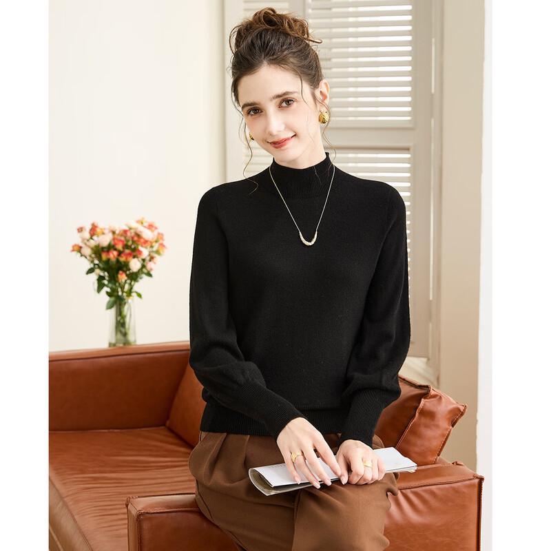 TUHUANG Women's Pure Wool Seamless Half-High Neck Sweater