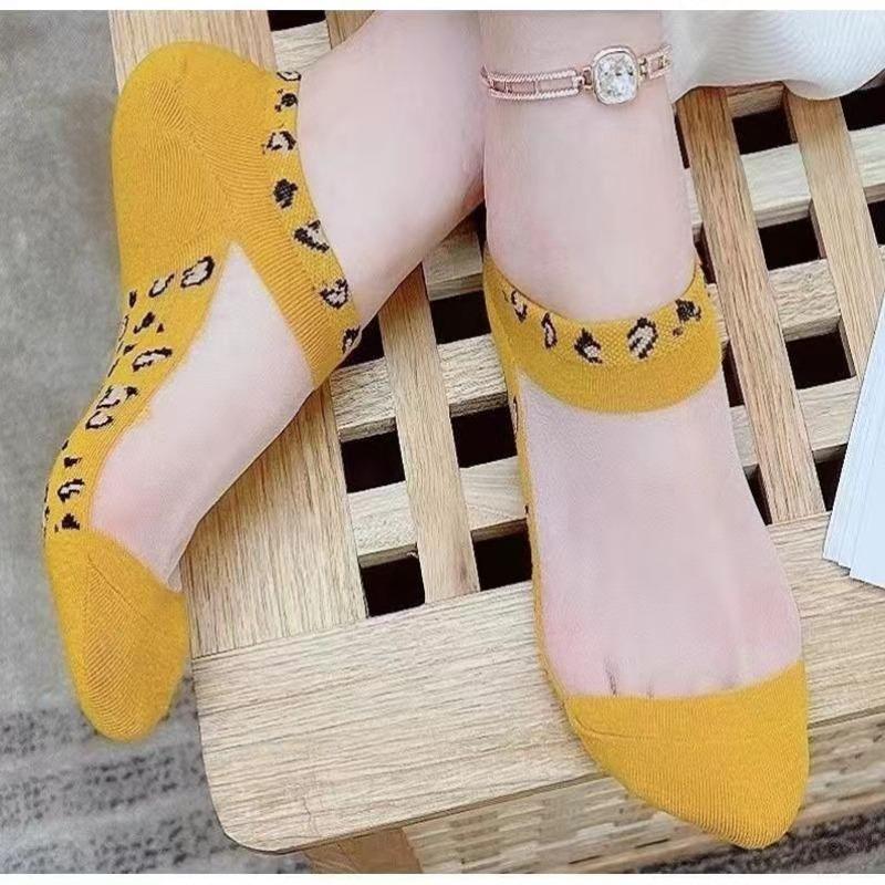 

5 пар/комплект Женские носки из нити Slass, тонкие прозрачные леопардовые носки для весны и лета, полиэстеровые носки, кружевные носки One Size жёлтый