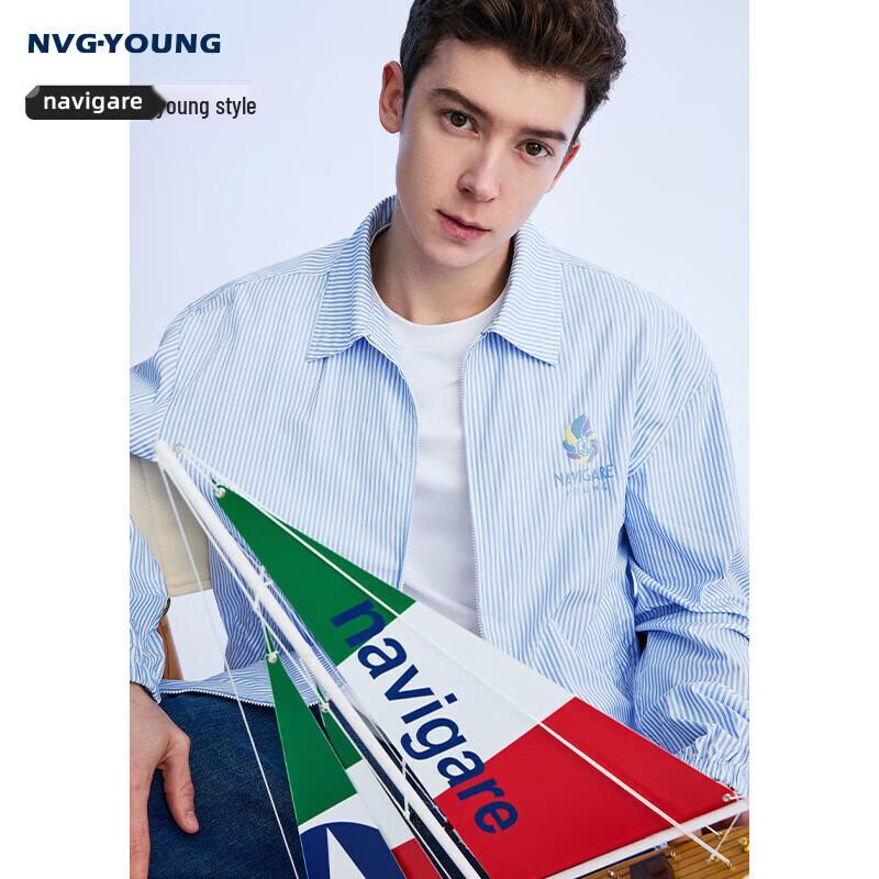 NVG·YOUNG Men s Striped Cotton Zip Shirt Jacket L