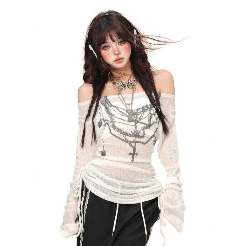 2KWEIRD Japanese Y2k Knitted Tops Grunge Tattoo Print Long Sleeve T-shirt Ribbed Vintage Harajuku Shirring Knitwear 2000s Gothic