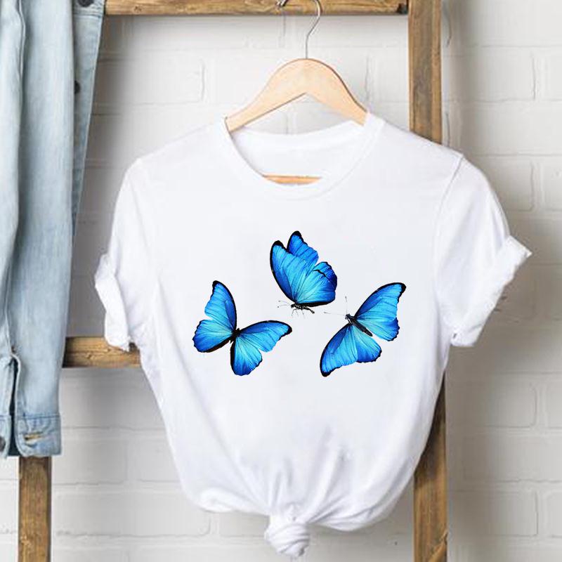 Kläder Fritidströja Kortärmad Söt fjäril Trend Söt T-shirt med tryck för kvinnor Sommarmode T-shirt Dam Kvinnlig Grafisk T-shirt
