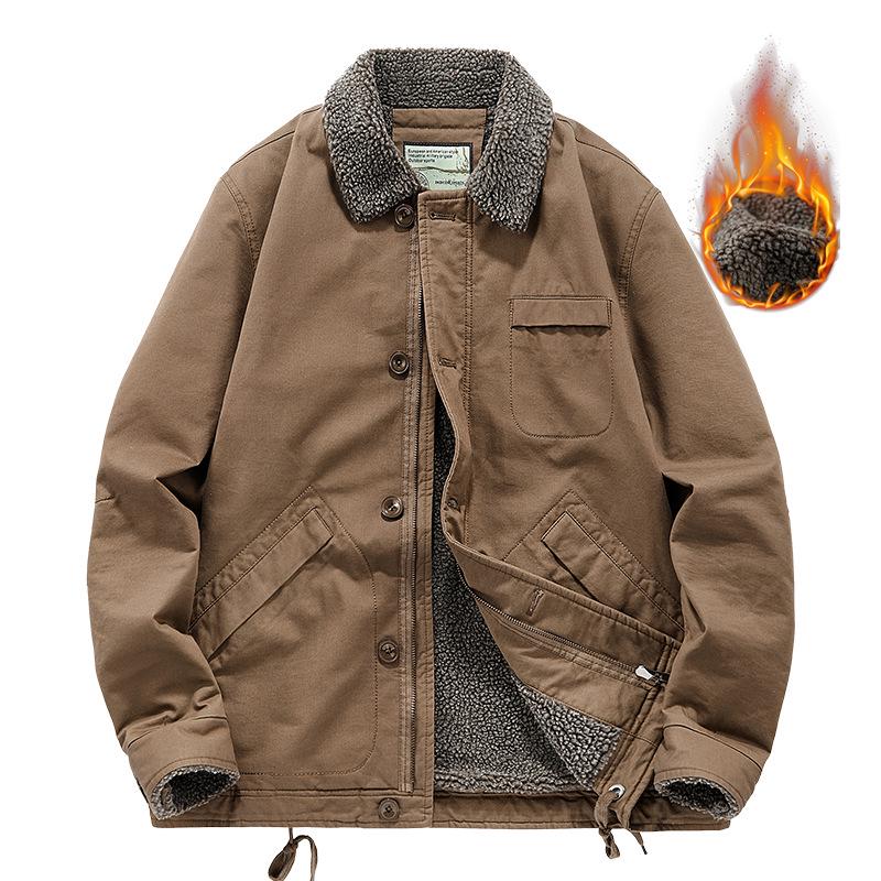 Men's Winter Fleece-Lined Lapel Military Jacket - Loose Fit Lambswool Coat