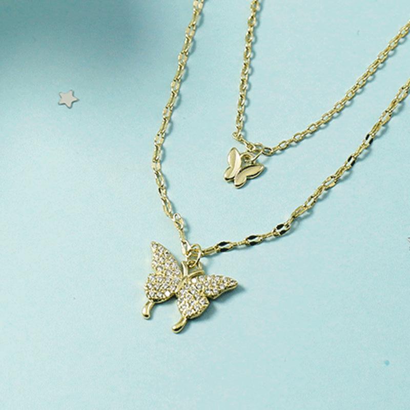 Korean Rhinestone Butterfly Double Layer Necklace - Versatile Cool Aesthetic Clavicle Chain for Women