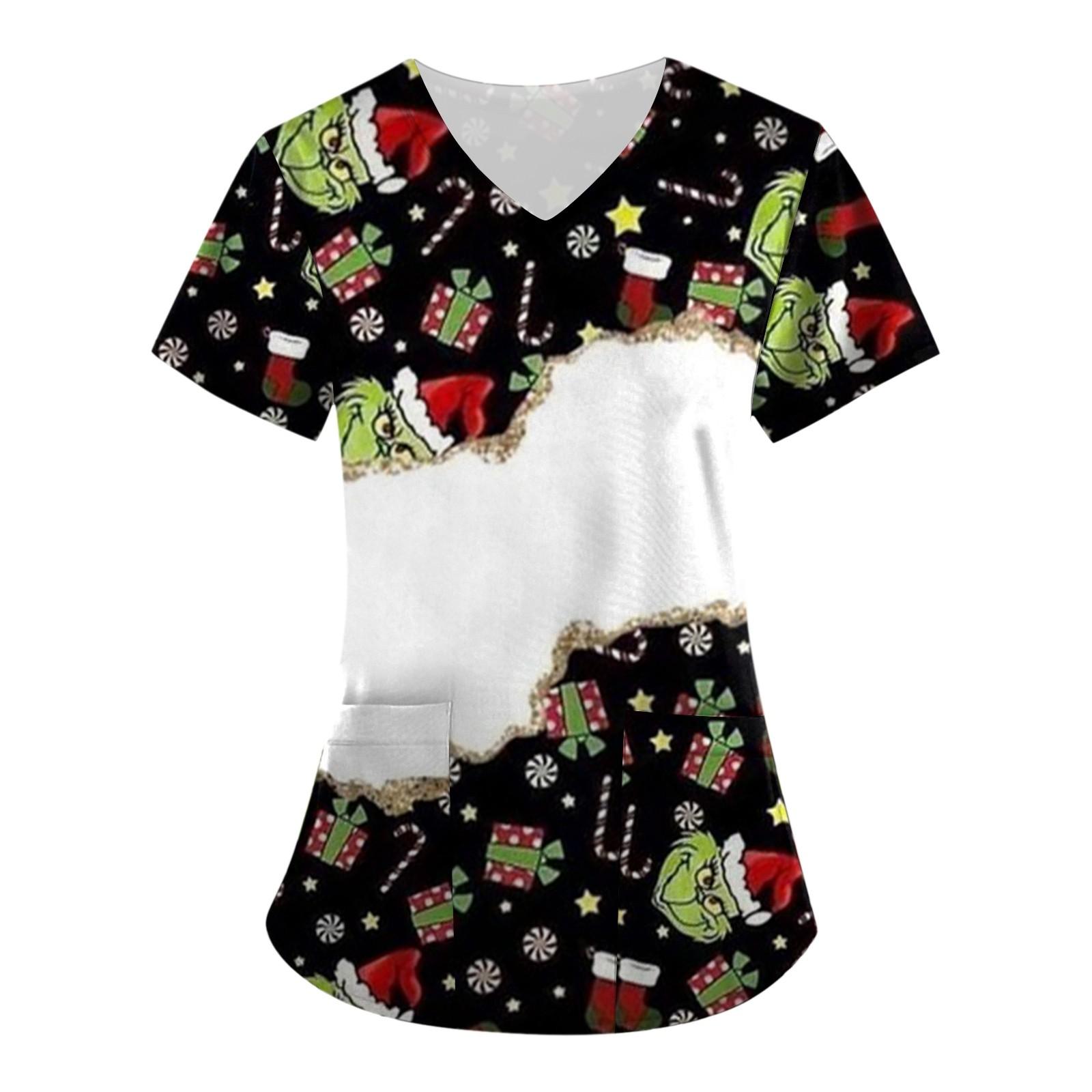 

Женская мода с рождественским принтом и короткими рукавами с v-образным вырезом, маленькая рабочая футболка с карманами L