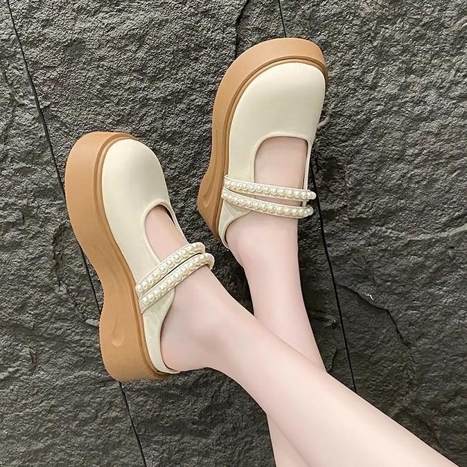 2025 Summer New Women's Shoes Muffin Platform Mary Jane Shoes Pearl Bag Head Slippers Casual Versatile Half Drag 2025