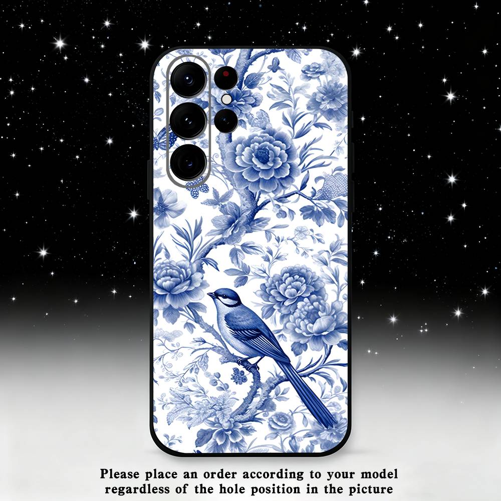 blue and white porcelain Phone Case For Samsung S25,S24 Ultra,S20,S30 plus,S22 plus,S23,S30 Ultra 5G Silicone Black Shell