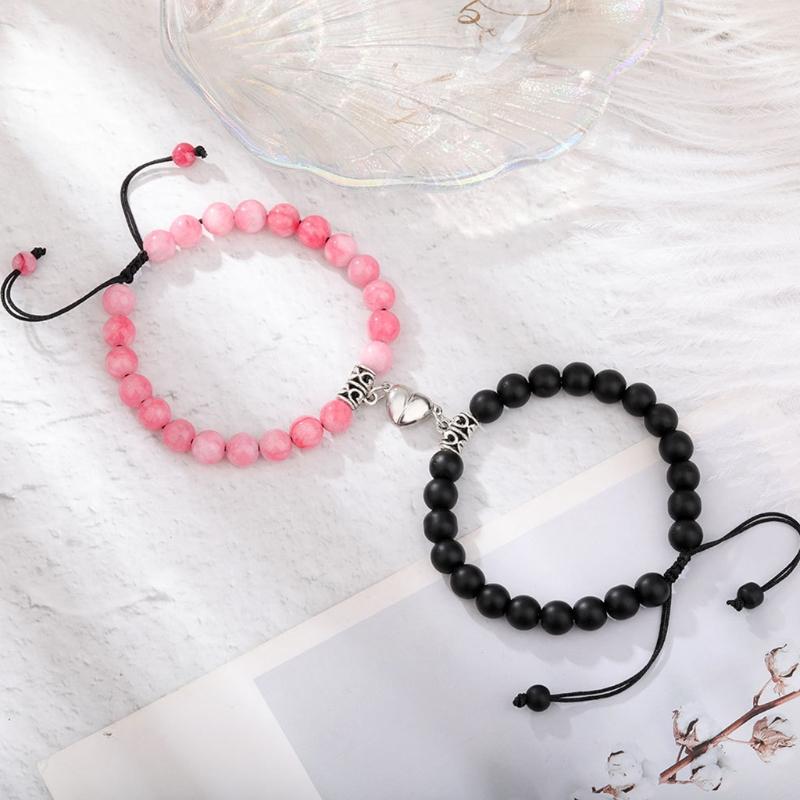 2 Pieces Natural Stone Beads Magnetic Bracelet Couple Connecting Bracelet Valentine's Day Gift for Couple Him and Her