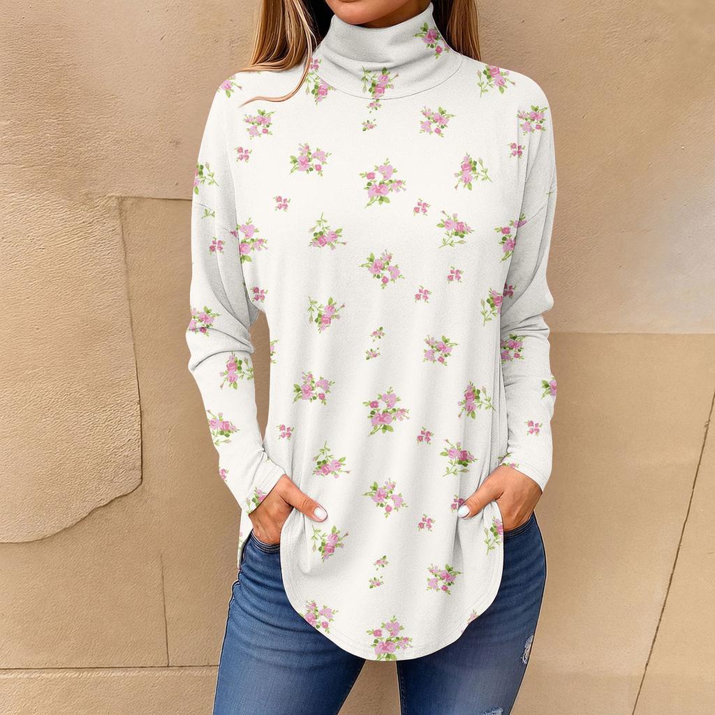 Tee Shirts For Women Fall Casual Long Sleeve Shirts Sweatshirt Vintage Printed High Neck Top Pullover
