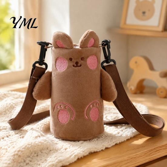 Adjustable Crossbody Bottle Holder Cartoon Plush Cup Holder, Cute 3D Animal Water Carrier Bag Handheld with Strap, Soft Protective Sleeve for Outdoor