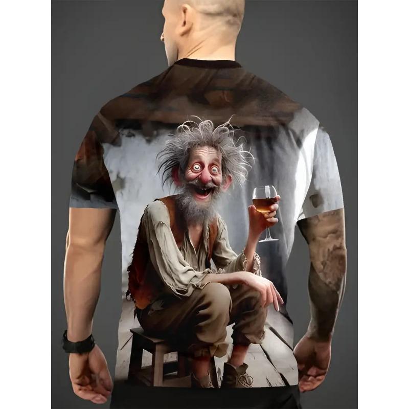 Pánské 3D tištěné kreslené tričko s grafickým obličejem staršího muže, humorné digitálně tištěné tričko s krátkým rukávem, prodyšný polyester, kulatý výstřih, ležérní