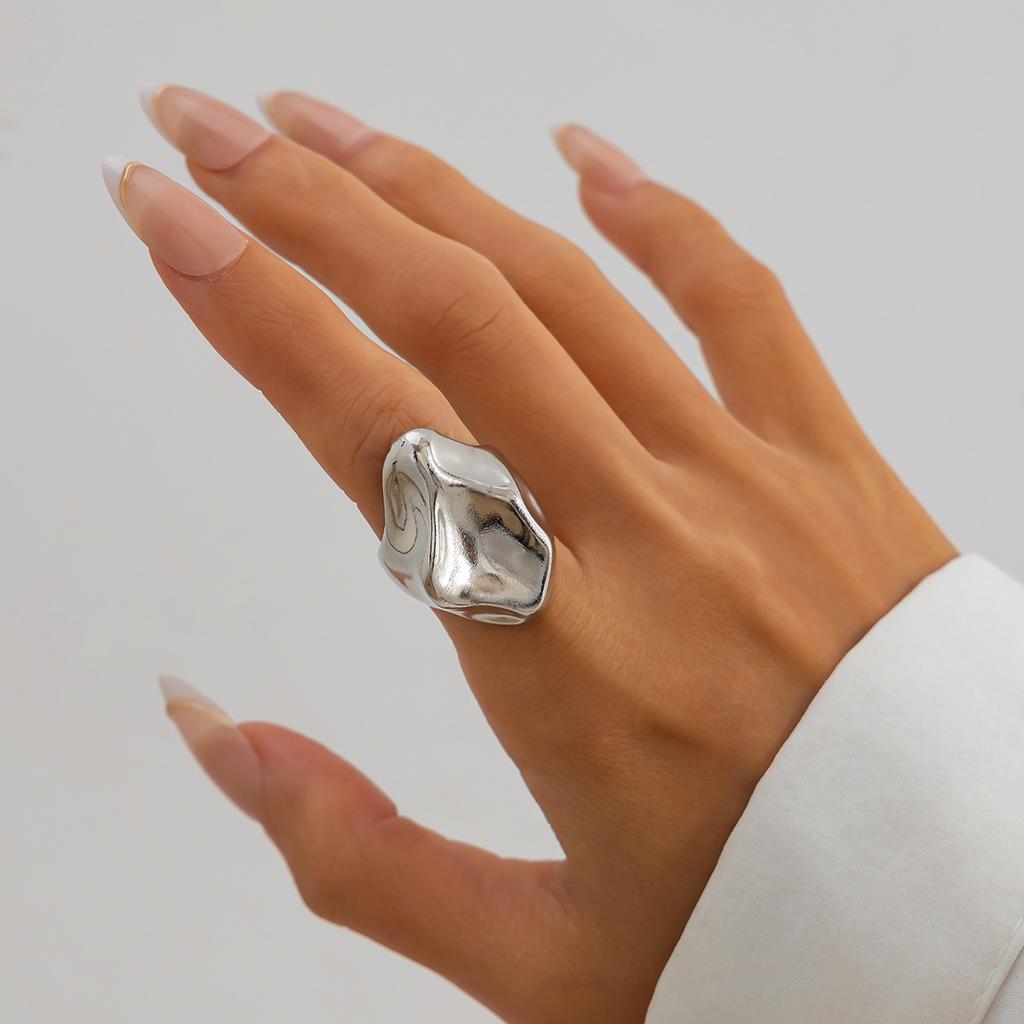 Irregular Metal Pleated Bump Ring Female, Wind Design Square Embossed Open Ring