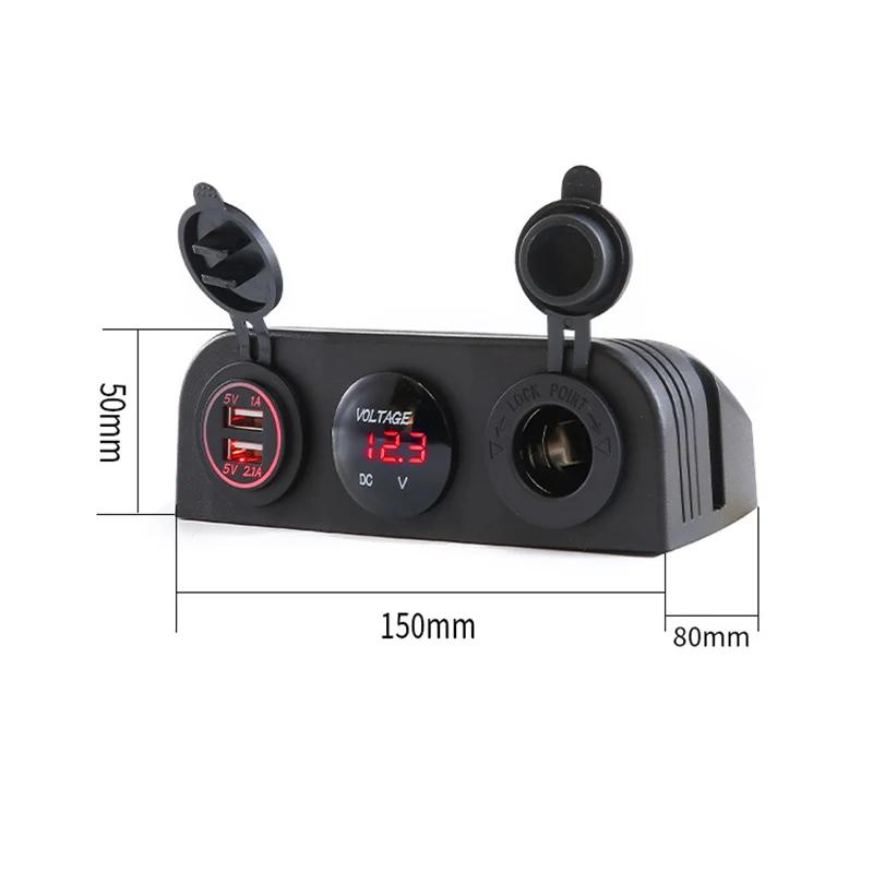 3 in 1 Tent Base Dual USB Car Charger Socket Power Outlet LED Digital Voltmeter Cigarette Lighter Socket for Truck Car Marine