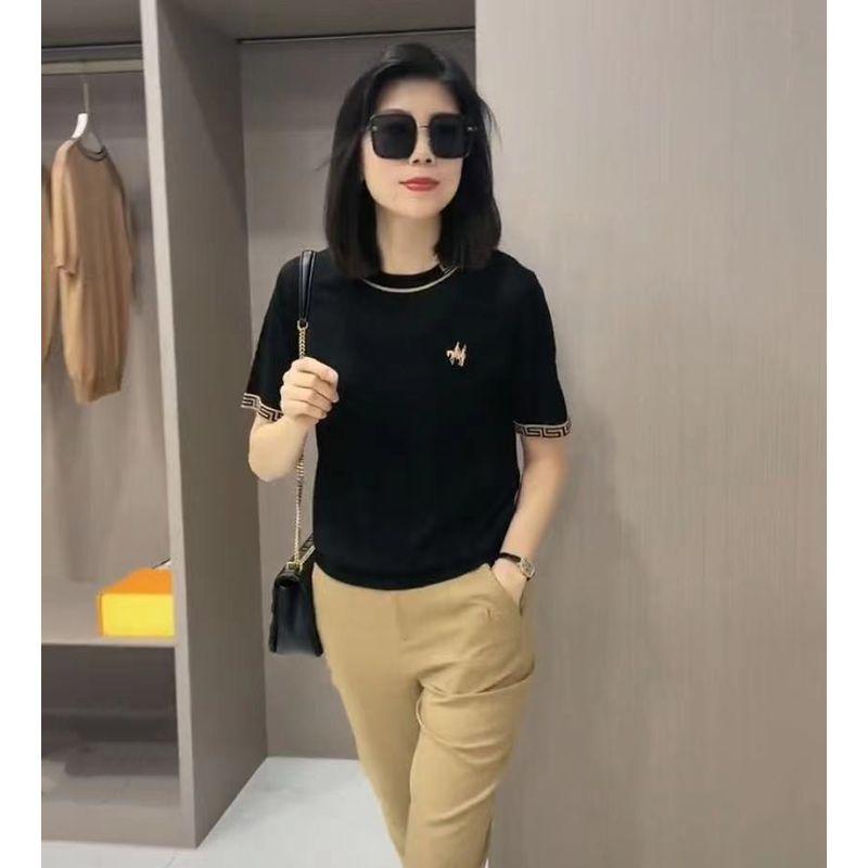 

Пуловер из тенсела с круглым вырезом, подходящий ко всему, футболка, визуально стройнящая, вышивка Black 2XL(Below 69.00kg)