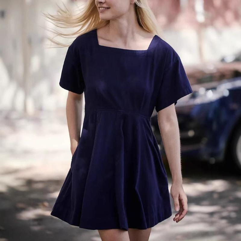 Women's Square Neck Short Sleeve Fashion Short Button Casual Dresses