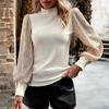 Womens Long Sleeve Tops Mock Neck Sequins Puff Sleeve Patchwork Blouses Solid Color Slim Fit Casual T Shirts