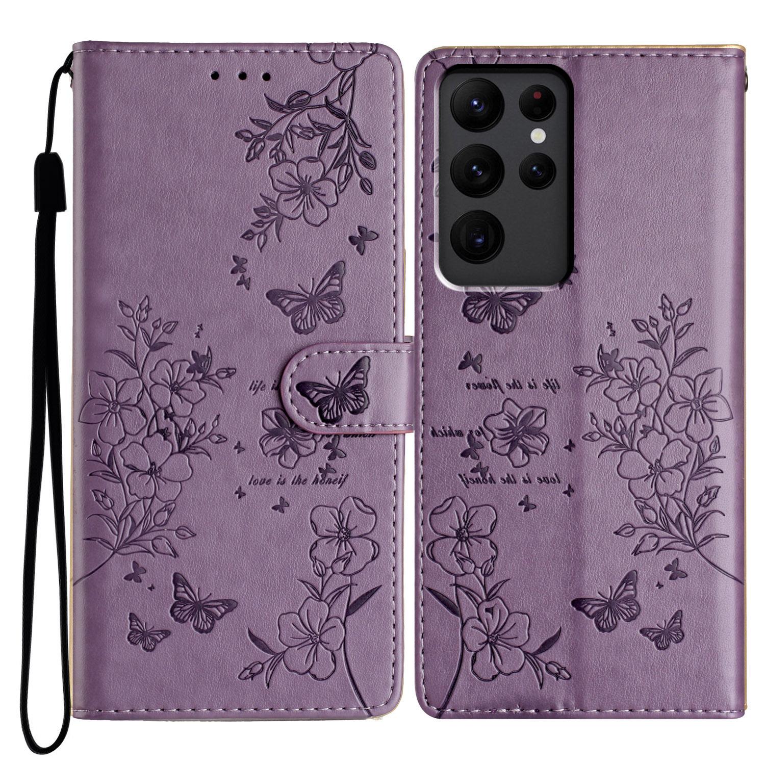 

For Samsung Galaxy S23 Ultra Wallet Phone Case Butterfly Floral Imprint Leather Cover Purple