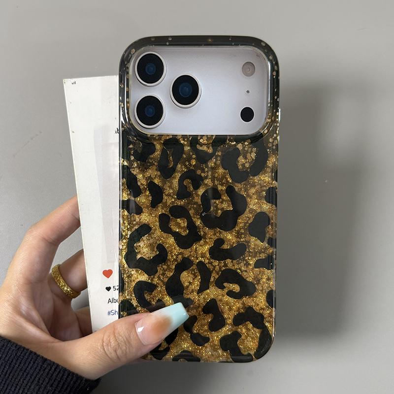 Fashion Retro Bling Glitter Leopard Print Case For iPhone 17 Pro Max Air 13 14 15 16 Glossy Bright Shiny Gold Foil Phone Cover