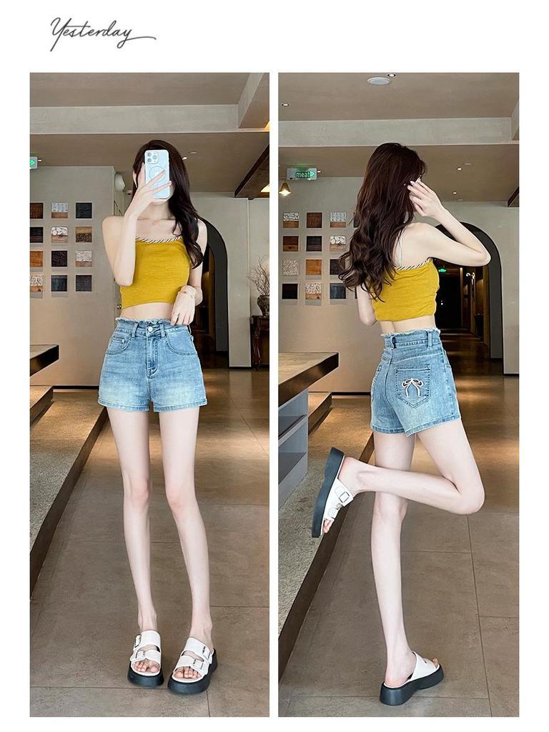 Sweet & Spicy Age-Defying Slim-Fit High-Waisted Denim Shorts with Bowknot Embroidery, Trendy A-Line Summer Straight-Leg Hot Pants for Women