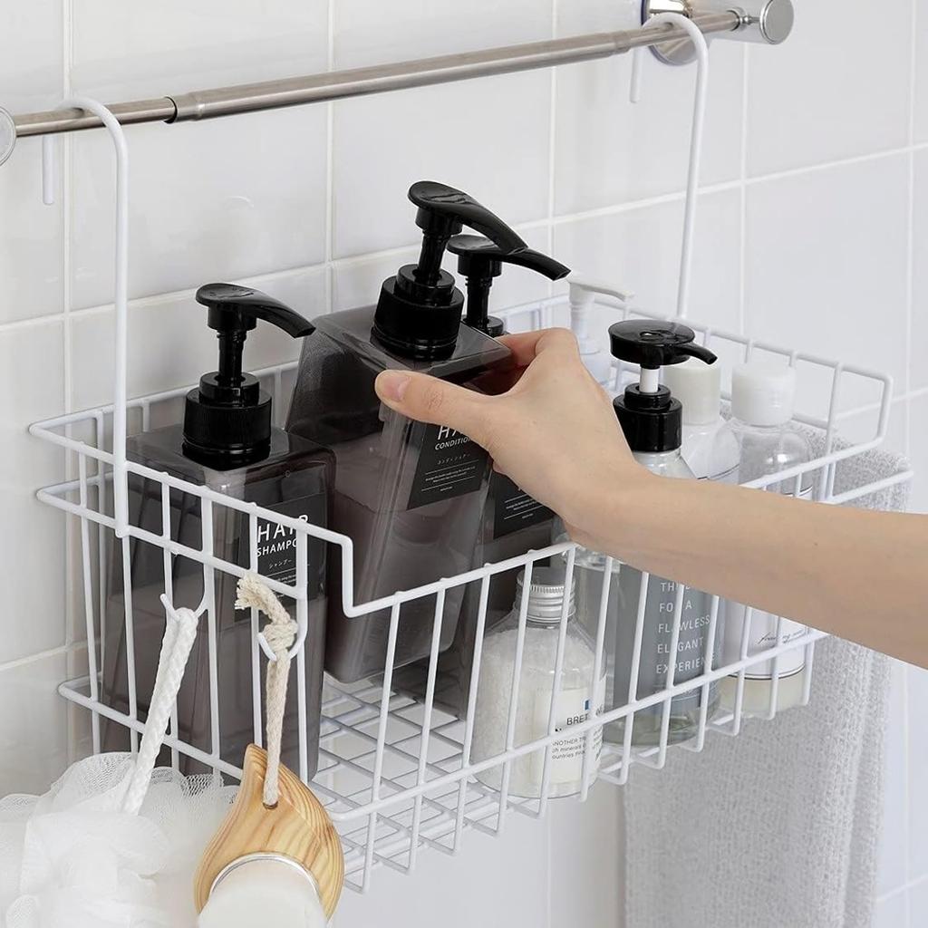 Ernest Bathroom Hanging Basket, Regular Size, with Towel Hanger and Small Item Hooks, 39.5cm (W) X 19cm (D) X 33.5cm (H), White, Bathroom Storage Rack