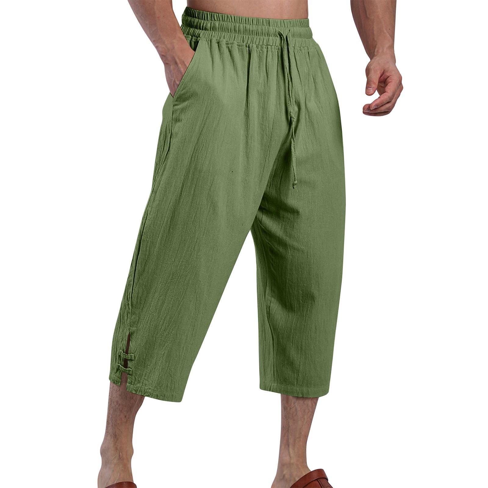 

Мужские летние повседневные укороченные брюки на шнурке Мужские дышащие укороченные брюки из хлопка и льна XL зелёный