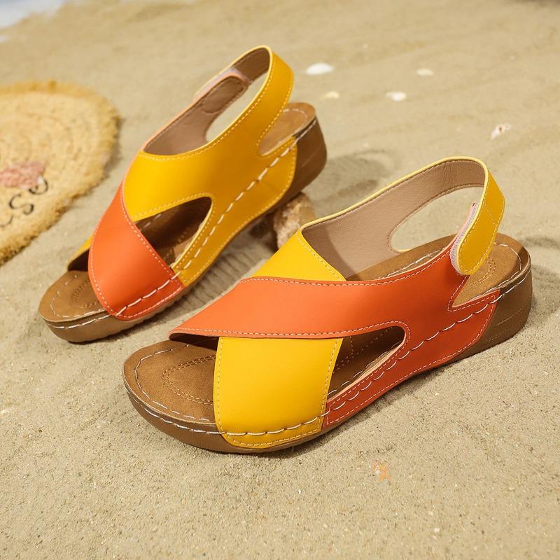 Spring and summer new flat-bottomed wedge heel fish mouth sandals women's color matching large-size muffin thick-soled hollow beach sandals