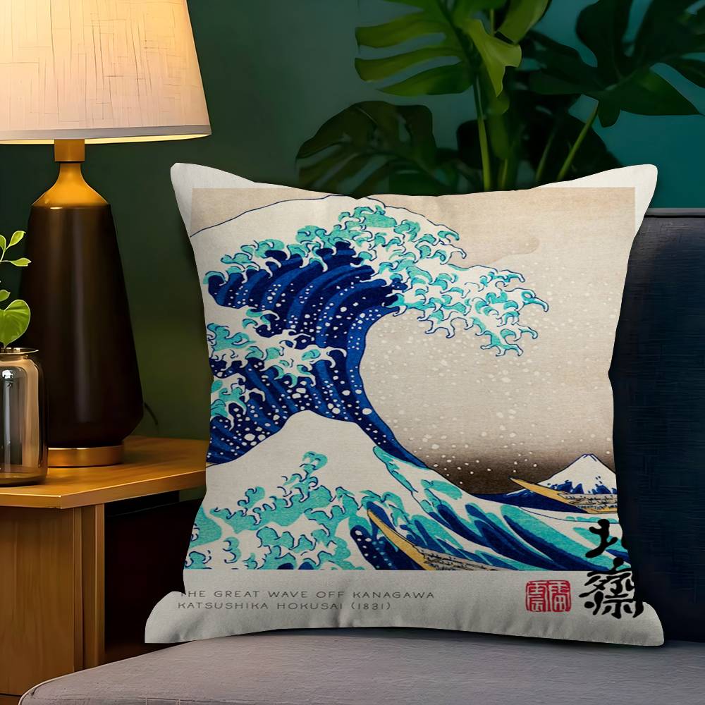 Vintage The Great Wave Katsushika Hokusai Office Cushion Pillowcase Car Cushion Cover45X45CM Lumbar Pillowcase Sofa Pillowcover