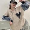 Love Pattern Denim Spliced Woman Sweater New Unique Design Round Neck Style Pullover Autumn Warm Women's Trendy Top