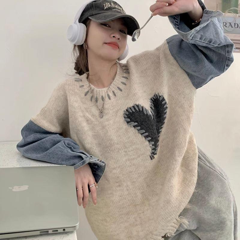 Love Pattern Denim Spliced Woman Sweater New Unique Design Round Neck Style Pullover Autumn Warm Women's Trendy Top