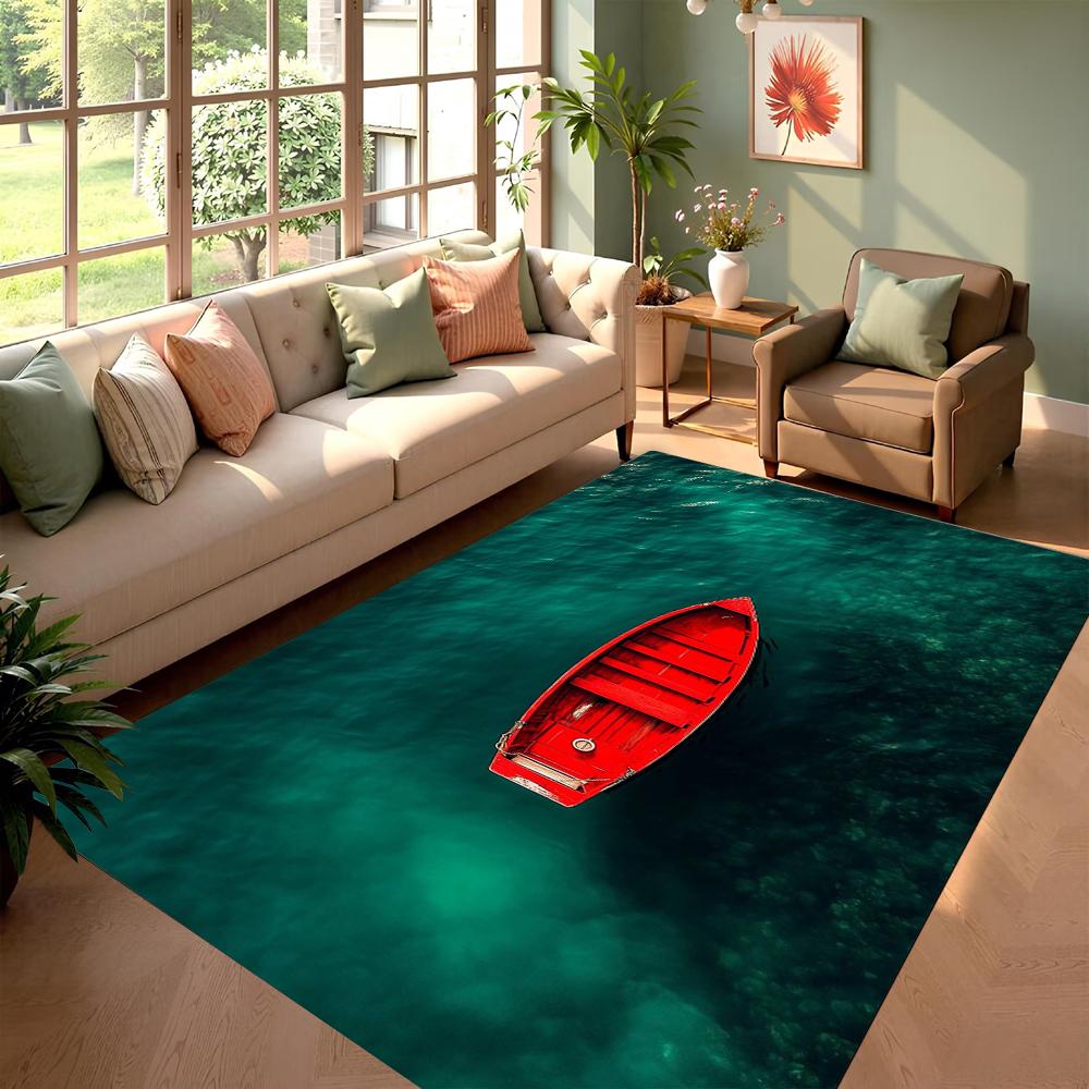 

Red Boat on Green Water Design Area Rug for Living Room Non Slip Floor Mat Home Decor Modern Style Sailing Boat Patterned Carpet 40x60CM