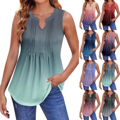 Womens Summer Tank Tops  Pleated V Neck Printing Casual  Top Tank Tops For Women Loose Fit Sleeveless Tunic Shirts