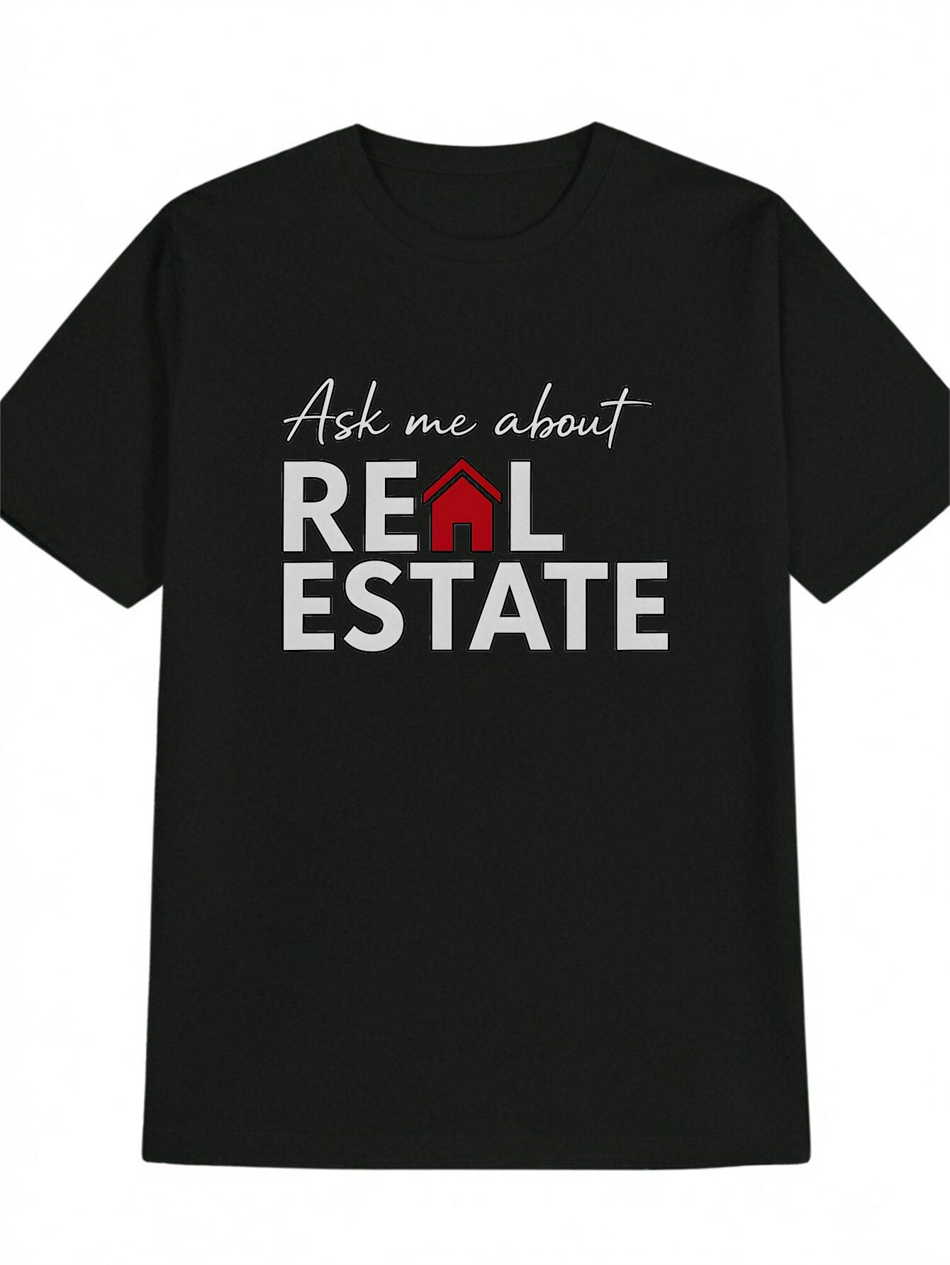 Casual Short Sleeve T-shirt - Black Real Estate Graphic Tee with Red House Icon & Ask Me About Real Estate Print XXXXL