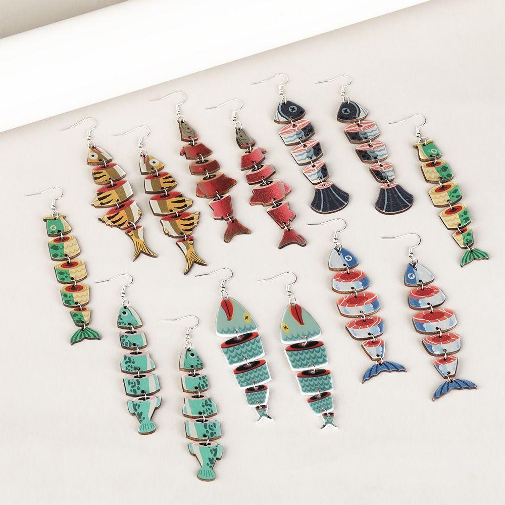 5Pairs Hook Piercing Fish Drop Earrings Acrylic Wood Beach Drop Earrings Salmon Fish Earrings  Women
