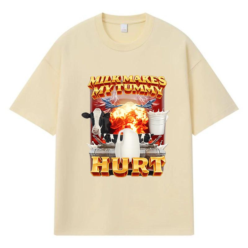 2026 Milk Makes My Tummy Hurt Printed Graphic Y2k Harajuku Streetwear 100% Cotton T Shirt Casual Oversized Summer Men T-shirt