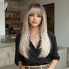 Women's Long Layered Curly Wig with Straight Bangs, Brown Highlights, Full Head Cover, Machine-Made with Chemical Fiber Rose Net, 2026 Hot Style.