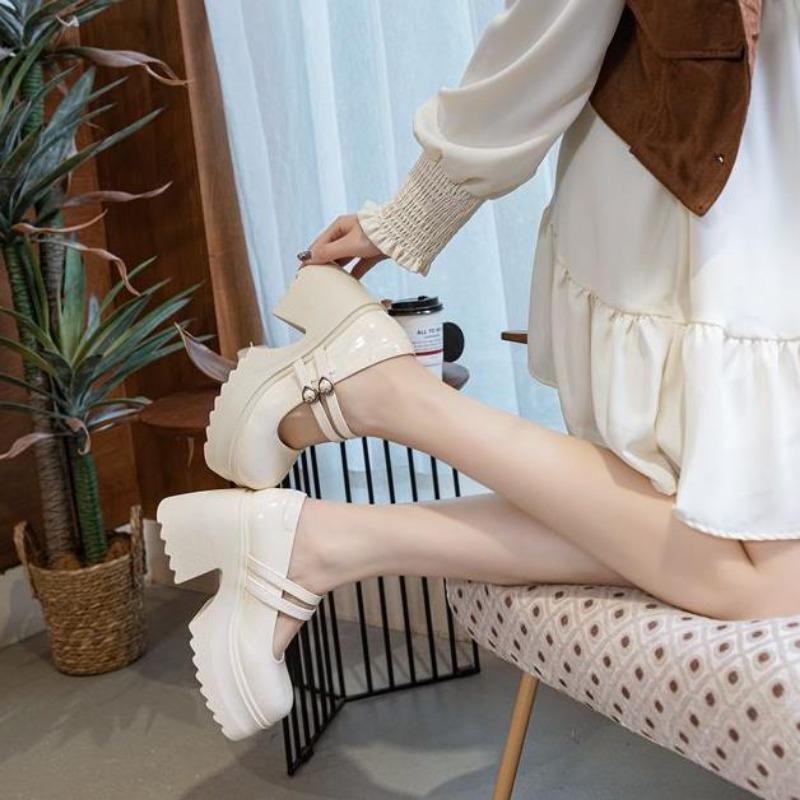 10cm Patent Leather Breathable Chunky Heels Mary Jane Buckle Platform Autumn Pumps Summer Ankle Boots Fashion Spring Shoes
