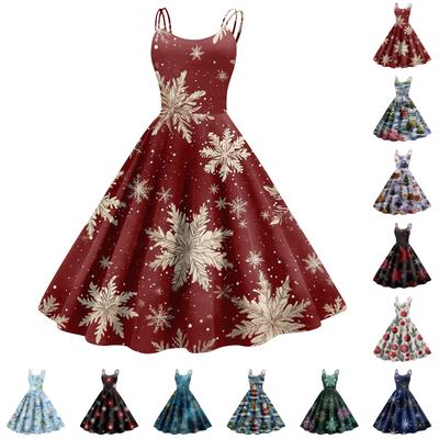 Damen Weihnachts-Print Lässig Mode Rundhals Midikleid