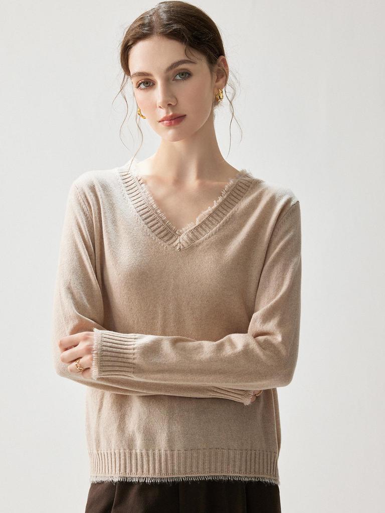 Kaschmir V-Ausschnitt Quasten Pullover - Herbst/Winter 2026 Damen Locker Elegant Schlankmachendes Oberteil.