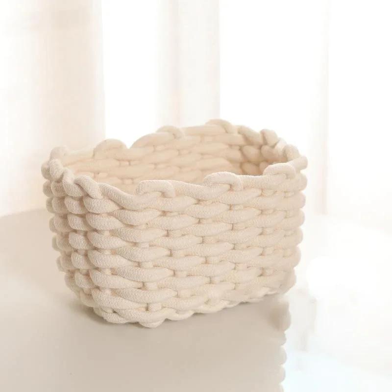 Cotton Rope Woven Storage Basket with Handle Sundries Cosmetic Storage Box Toys Snack Desktop Makeup Organizer Cotton Baskets