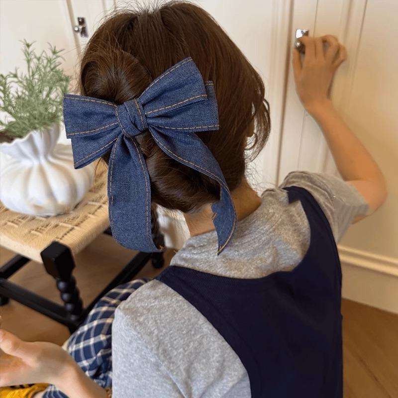

Denim Blue Ribbon Bowknot Hair Clips For Woman Girls Sweet Elegant Ponytail Hairpins Duckbill Clip Hair Accessories Gift