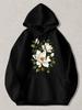 Black Pullover Hoodie with White Magnolia Flower Print Long Sleeve Sweatshirt with Kangaroo Pocket and Drawstring Hood Casual Stre