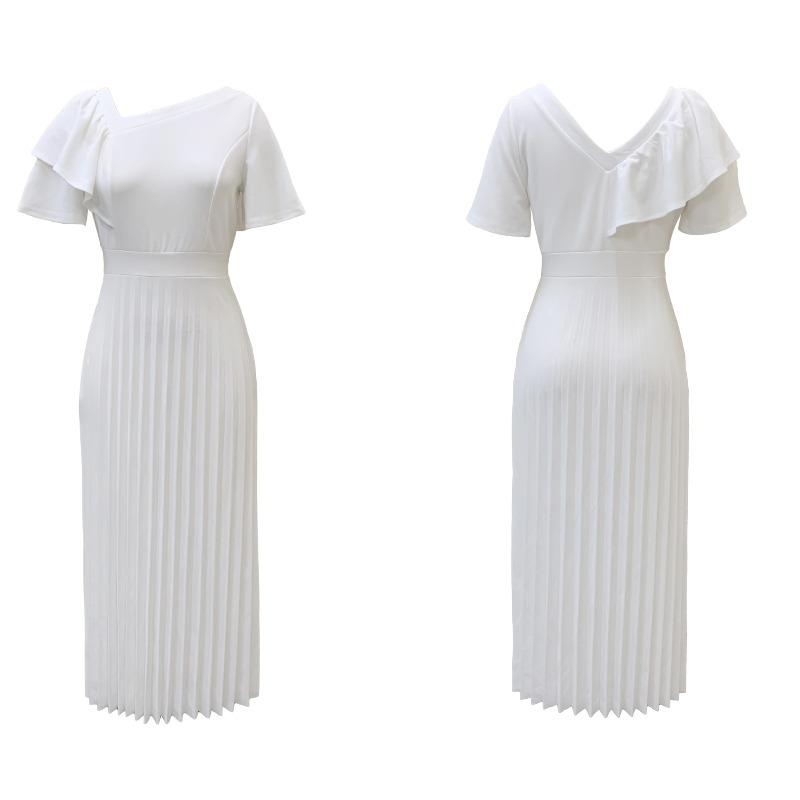 Women s clothing  summer new temperament waist thin ruffle edge short sleeve pleated dress S белый