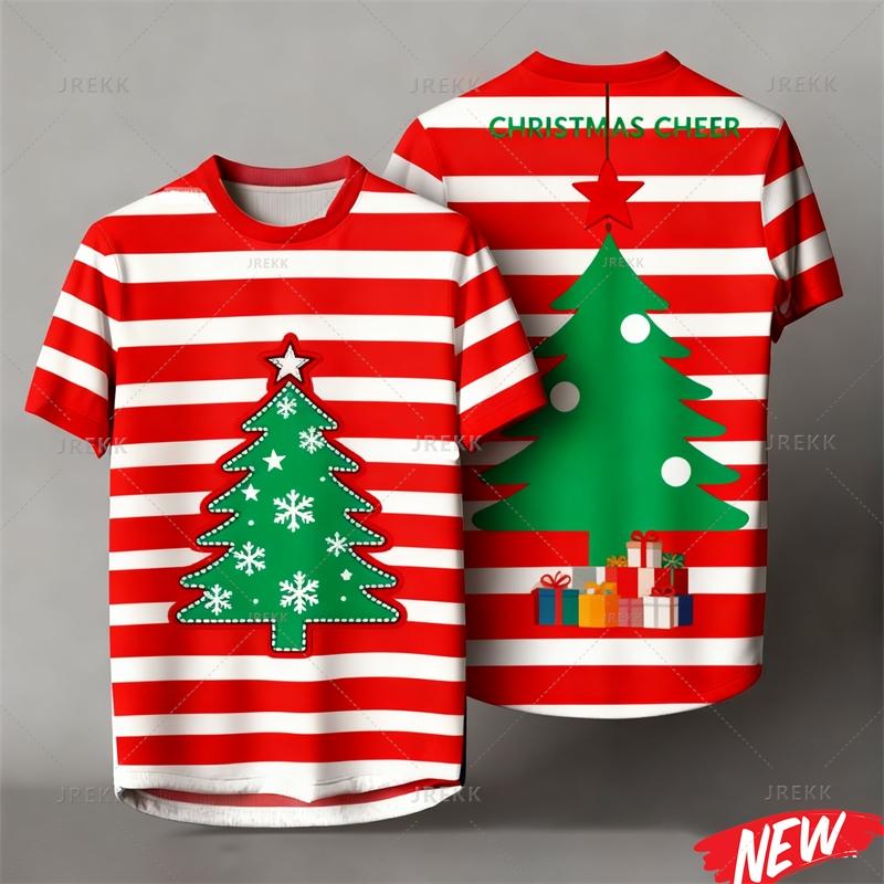 Red Stripes Cartoon Christmas Tshirt Men Women 3d Printing Merry Christmas Tee Shirts Tops 2026 New Year Short Sleeve T-shirt