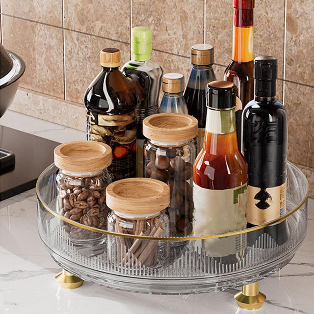 Non-slip Base Rotating Spice Rack Clear Plastic Rotating Container Bins Bathroom Storage