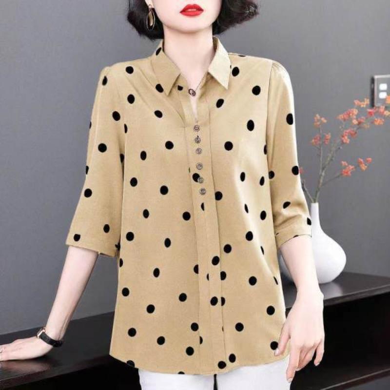 VEZFAA Women's Fashion Casual Summer Spring Polka Dot Print 1/2 Sleeves POLO Neck Blouses & Shirts