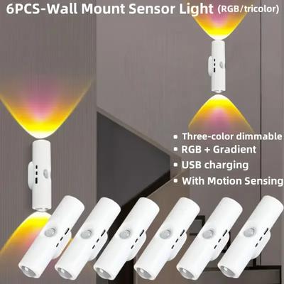 1/2/4/6pcs Wall Mounted Induction Light LED Smart Light USB Rechargeable Dimmable Bedroom Night Light Indoor Living Room