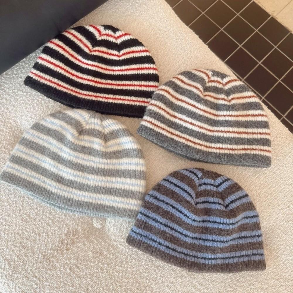 Wool Blend Ribbed Knitted Cap Thick Warm Pullover Hat Fashion Striped Beanie Hat Gift