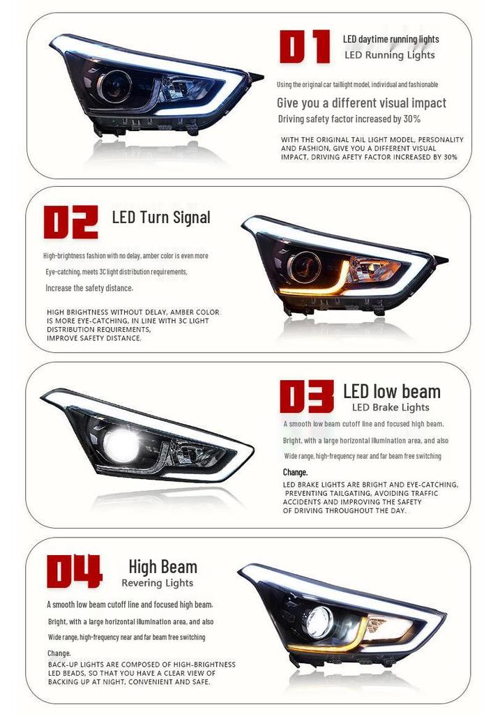 LED Projector Headlight Assembly with DRL & Flowing Turn Signals for 2014-2019 Hyundai IX25