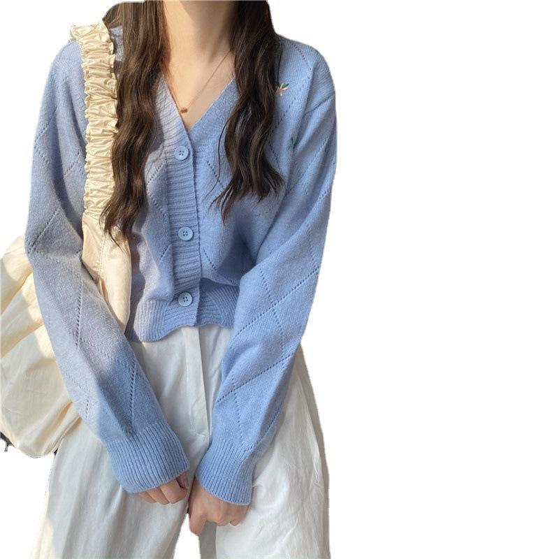 New Short Style Sweater Jacket with Diamond Patterned Embroidery Knitted Cardigan for Women